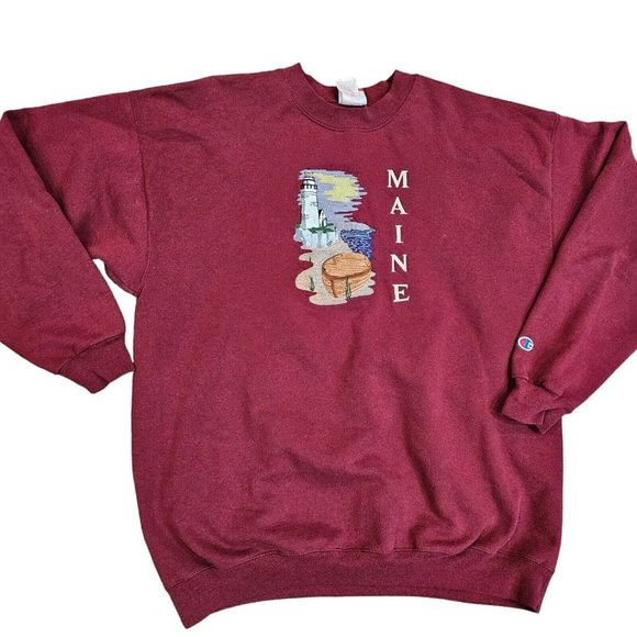 Vintage 90s Maine Large Embroidered‎ Crewneck Sweatshirt Maroon Lighthouse Beach - Picture 3 of 10